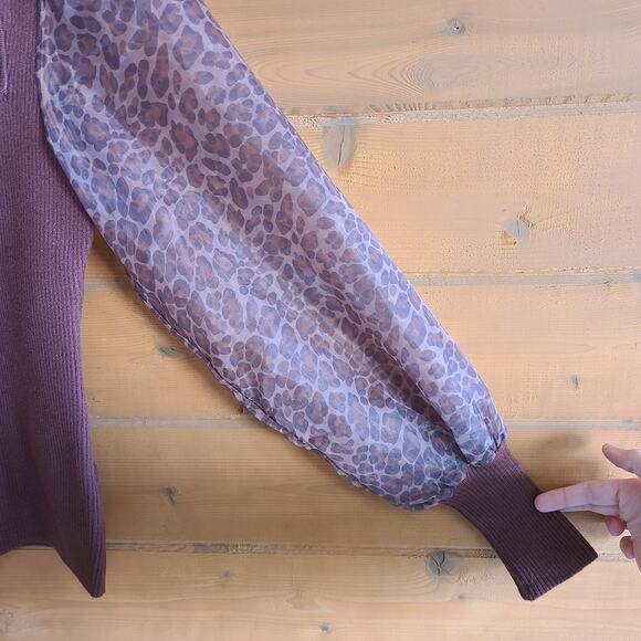 Anthropologie Dolan Puff-Sleeve Sweater Brown Motif Leopard NWT XXS - Picture 4 of 5